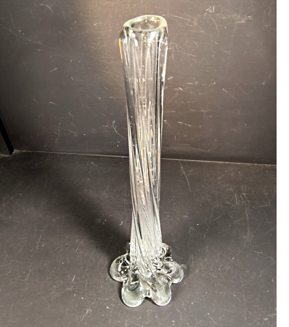 2260. Vintage Clear Glass Twisted Elephant Foot Art Glass Bud Vase